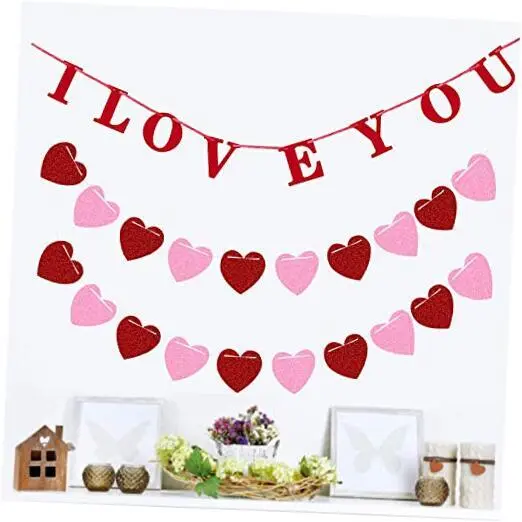 Decoración de pancarta del Día de San Valentín, cinta colgante corazón guirnalda rojo rosa brillante
