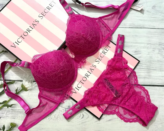 VICTORIA'S SECRET VERY Sexy Lace Hearts Shine Strap Push-Up Bra Set Fuchsia  $95.00 - PicClick