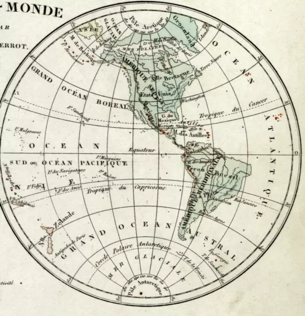 World double Hemispheres active volcanoes old map 1834 scarce Tardieu Perrot 2