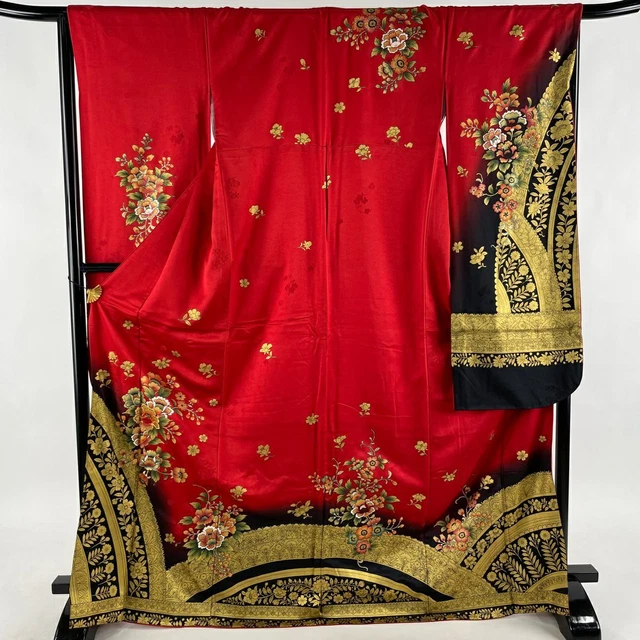 Vintage Japanese Silk Furisode Kimono M Size Red Gold Black Flower