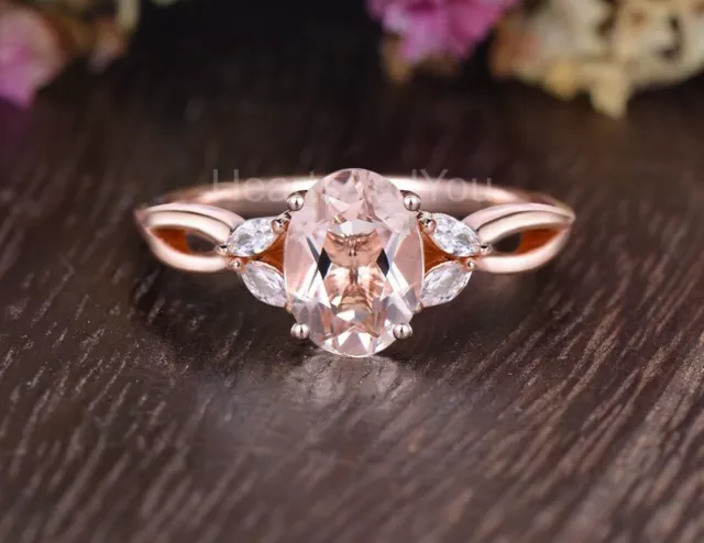 1ct Oval Cut Simulated Peach Morganite Twist Marquise Ring 14k Rose Gold Plated