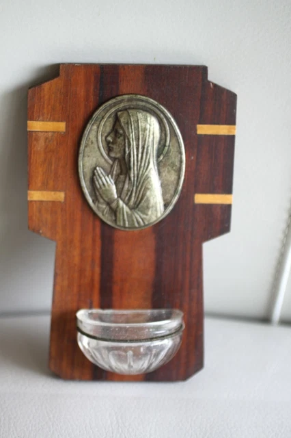 Bénitier Ancien En Bois Et Laiton Doré - Daté Mai 1915 - Médaille Vierge - Objet De Dévotion Chrétienne