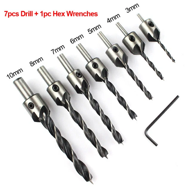 7pcs HSS 5 Fraise Foret Mèche Perceuse Bois Chanfrein 3-10mm Clé