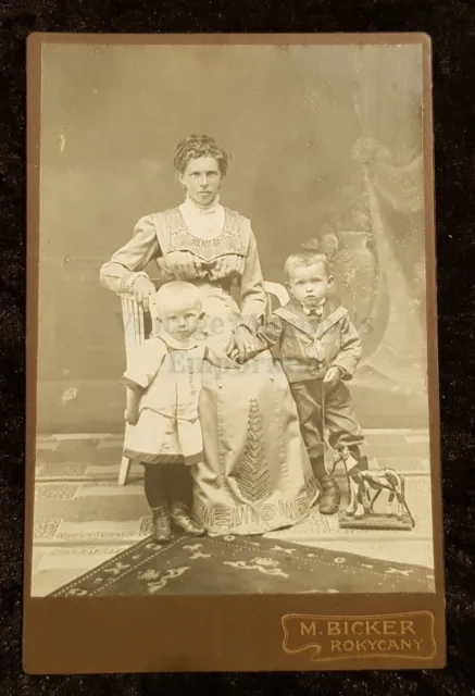 c1880 Victorian Cabinet Card - Lady with Children - M. Bicker, Rokycany, Czech