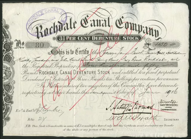 Rochdale Canal Company, 3½% debenture stock, 1916