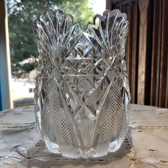 Hawkes American Brilliant Cut Glass 4 3/8" Venetian Pattern Spooner c. 1900