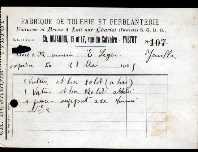 YVETOT (76) USINE / Constructeur de VOITURES & BROCS à LAIT "Ch. DUJARDIN" 1925