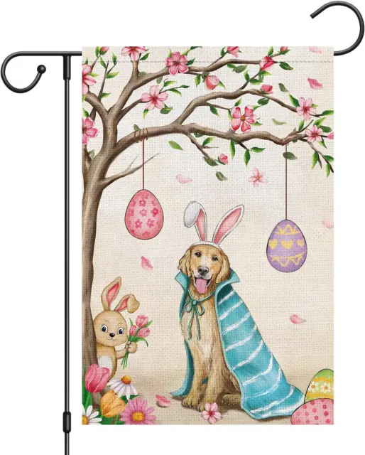Easter Welcome Garden Flag 12X18 Double Sided Burlap, Golden Retriever Dog Ga...