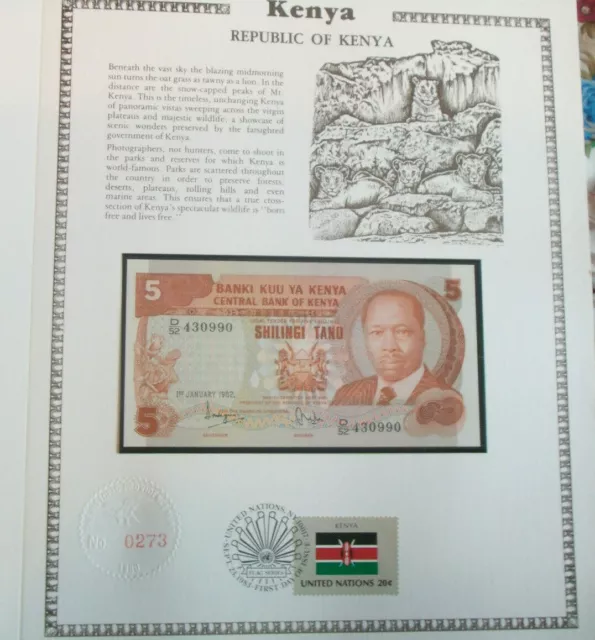 Kenya Banknote 5 shillings 1982 P 19 UNC  with UN FDI FLAG STAMP Prefix D/52