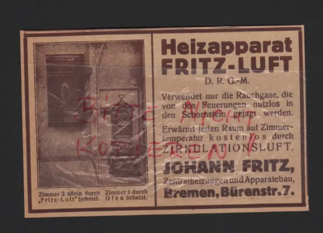 BREMEN, Werbung 1922, Johann Fritz Zentral-Heizungen Apparatebau