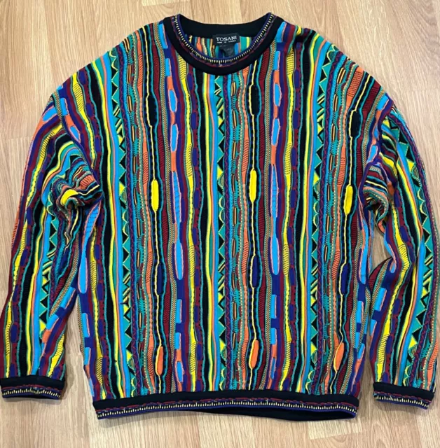 VINTAGE Coogi Style Tosani Cotton Cable 3D Knit Multicolor Crew Sweater 2XL