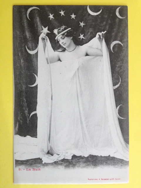 cpa 1900 Phot. BERGERET & Cie NANCY La NUIT stars young woman veil naked breast