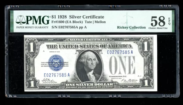 DBR 1928 $1 Silver Fr. 1600 EA Block PMG 58 EPQ Serial E02767585A