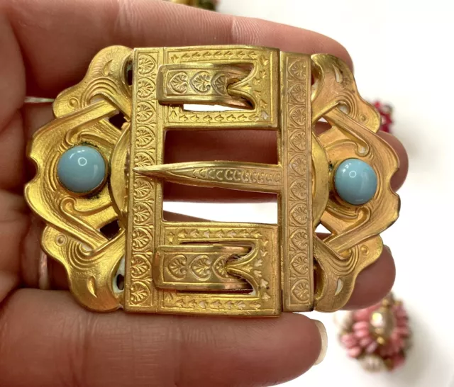 VTG Nouveau Blue Glass Etruscan BELT BUCKLE 24kt GOLD Gilt