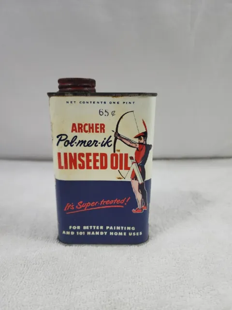 Vintage Archer Pol-mer-ik Linseed Oil Tin One Pint Can. Partially Full Can