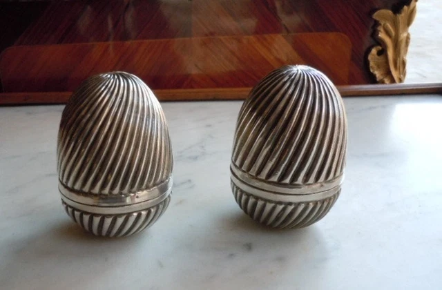 Antique Unique Pair of  Sterling Silver Boxes Cases Egg Shape Early 20th Century