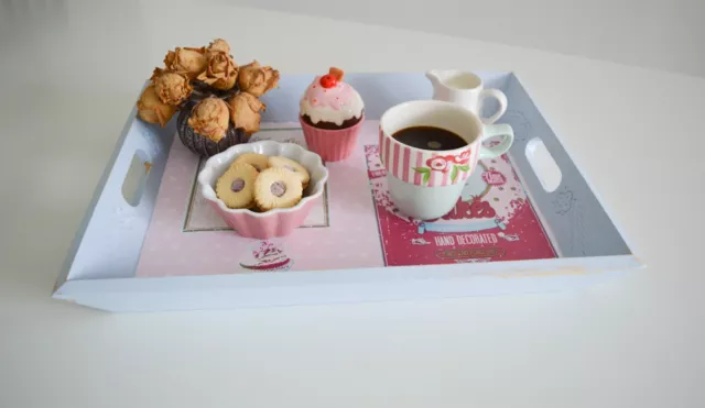 Large Serving Tray, Hand Painted Duck Egg Tray with Carved Flower Design