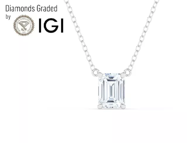 IGI, F/VS1, 1 CT Solitaire Lab-Grown Emerald Cut Diamond Pendant, 18K White Gold