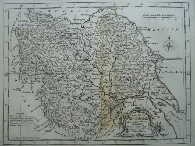 c1764 Original English Antique County Map of YORKSHIRE by Thomas Kitchin