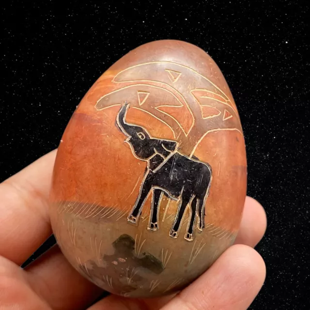 African Hand Carved Soapstone Elephant Multicolor Egg Shaped Stone Figurine 2"W