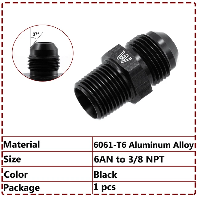 Black 6AN to 3/8 NPT Adapter Straight Pipe Thread to 6 AN Flare Fitting Aluminum
