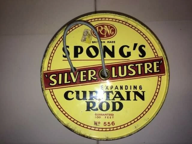 Vintage TIN Advertising Spongs Silver Lustre Expanding Curtain Rod With Contents