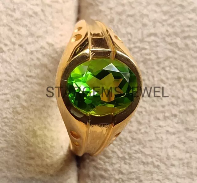 14K SOLID YELLOW Gold Natural Peridot Men's Ring, Men's Jewelry, Hand ...