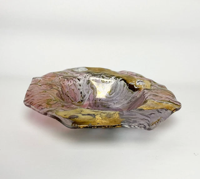 Signed HANDMADE [ Eveline Schuman ] Vintage Art Studio Glass Bowl GOLD MARBLING