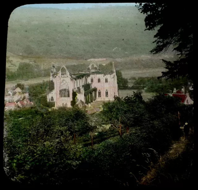 ANTIQUE Magic Lantern Slide DISTANT VIEW OF TINTERN ABBEY C1900 PHOTO WALES