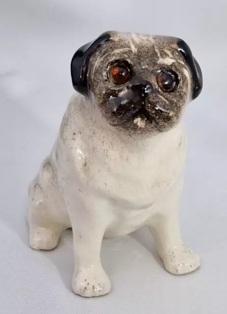 Jenny Winstanley Size 2 Pottery Pug Dog with Cathedral Glass Eyes New Signed (1)