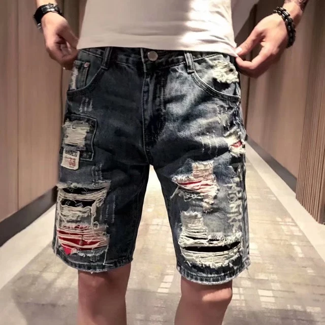 Summer Ripped Denim Pants Men's Thin Jean Shorts Patch Retro Straight Leg Shorts