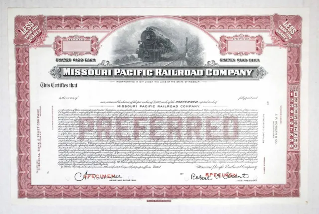 Missouri Pacific Railroad Co. ND(1950s) 100 Shrs Specimen Preferred Stock Cert