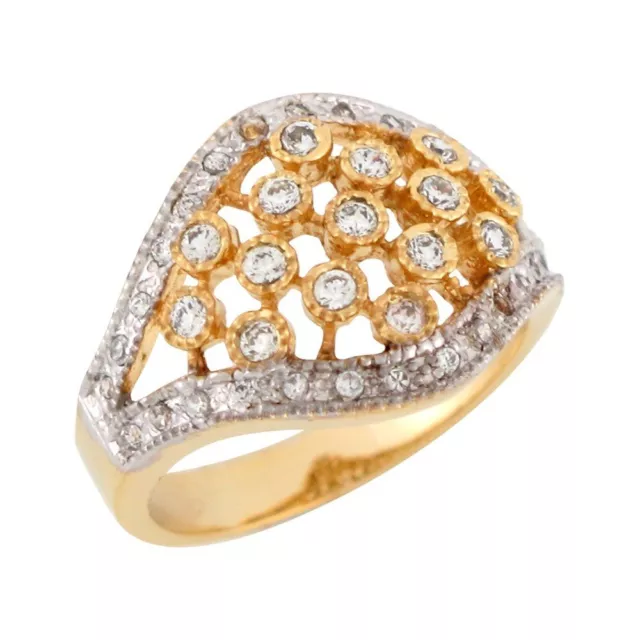 10k or 14k Two-Tone Gold White CZ Pave Set Wide Band Antique Style Ladies Ring