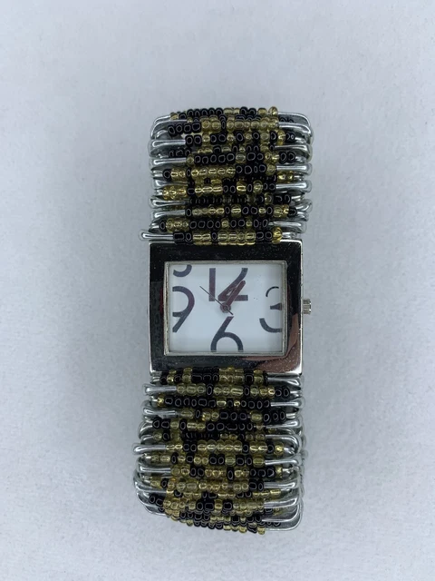 Artisan Silver Tone Safety Pin Band Bead Stretch Women's Watch