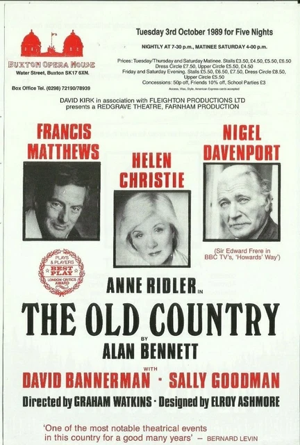 1989 BURTON OPERA HOUSE flier: The Old Country, with FRANCIS MATTHEWS!