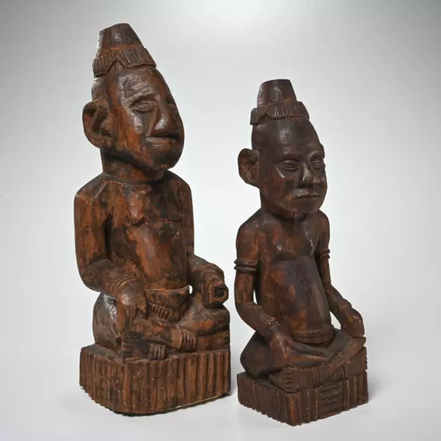 African Congo Kuba Ndop Hand Carved Wooden Seated Male Figures Statues Pair