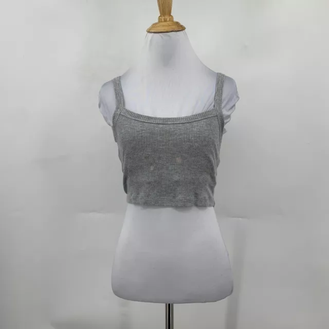 Alo Crop Top Womens M Medium Gray Ribbed Sleeveless Stretch Square Neck *READ 2