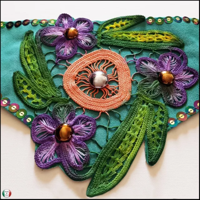 Cintura Alta da Donna in Macrame Finta Pelle Scamosciata Ricami Fiori Paillettes