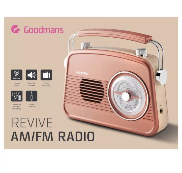 Goodmans Classic AM/FM Retro Radio Portatile Regalo di Compleanno Rosa Oro Crema