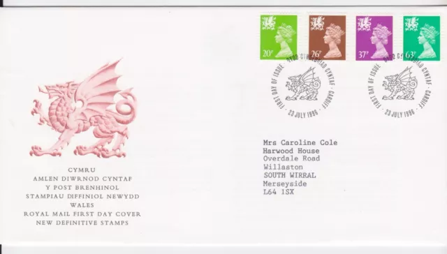 GB ROYAL MAIL FDC FIRST DAY COVER 1996 WALES DEFINITIVES CARDIFF PMK 20p-63p