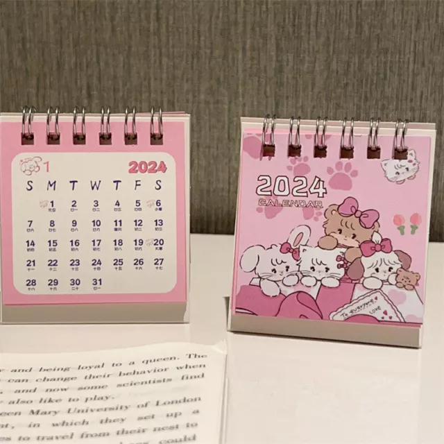 2024 Cartoon Pink Cat Desk Calendar Mini Cute Standing Flip Desktop Calen^:^