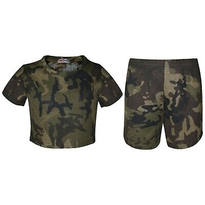 Kids Girls Crop Top & Shorts Camouflage Green Fashion Summer Outfit Sets 5-13 Yr
