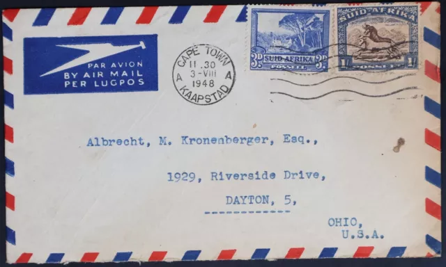 MayfairStamps South Africa 1948 Cape Town to Dayton OH Air Mail Cover aaj_06453