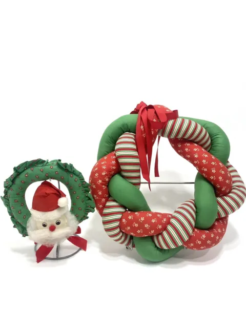 Braided Fabric Wreath 13” Vintage Christmas Santa Head Wreath 7.5” Lot Of 2