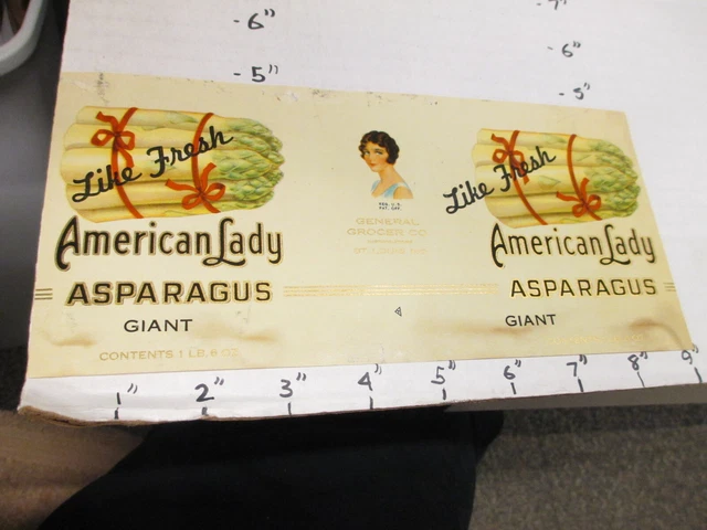 AMERICAN LADY giant asparagus "like fresh" 1930s metal tin can food paper label