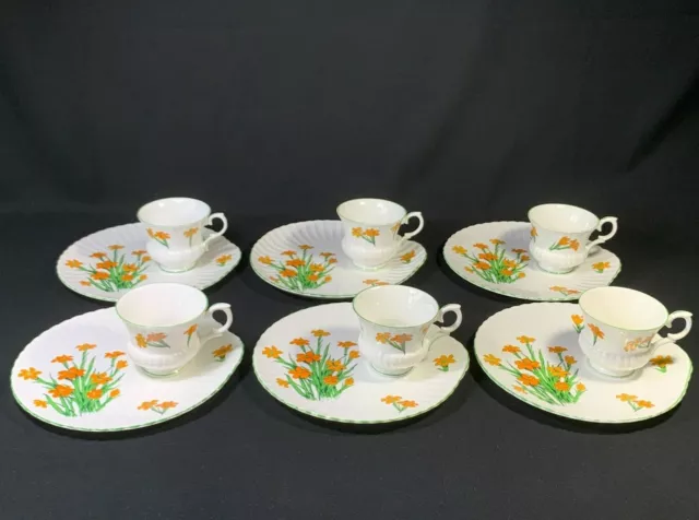 Crown Staffordshire Devon Orange Flower 6 Snack Plate & Cup Sets Fine Bone China