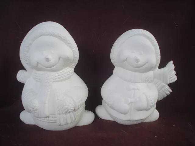 E604 - Two Ceramic Bisque 5.75" Snowmen Pair with Coats & Scarves-Ready to Paint