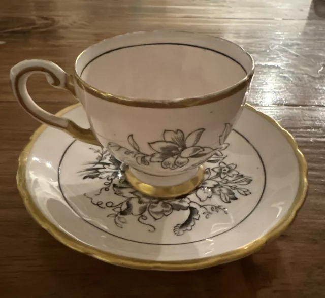 Vntg Tuscan Fine English Bone China Tea Cup & Saucer Black Floral Gold Trim Pink