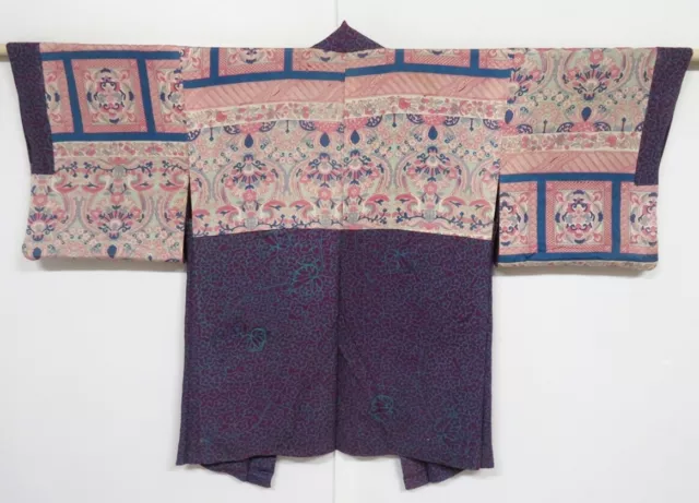 0408N03z370 Vintage Japanese Kimono Silk HAORI Grape Plum blossom