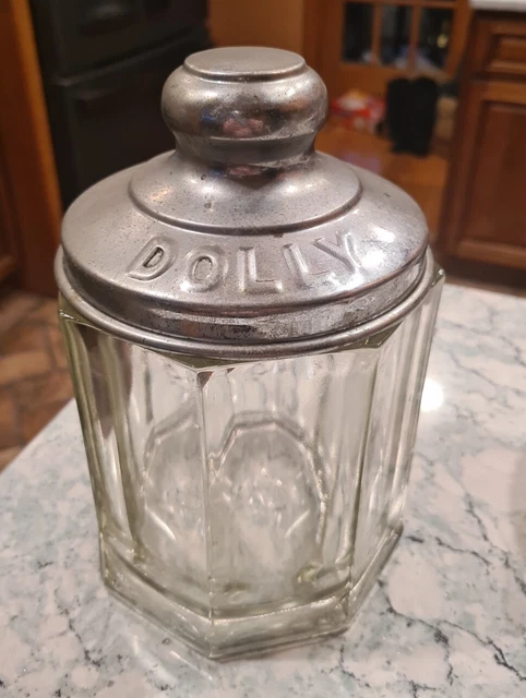 Dolly 1930s Antique Leaded Glass Canister Tin Lidded Barber Shop